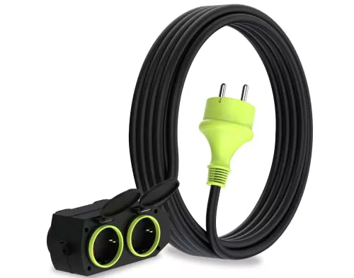 MutecPower 5m Cable alargador de Corriente con 4 enchufes Schuko para Uso Exterior IP44 H05RR-F3G 1,5mm² alargo con 4 Tomas Protección Infantil Cable de Goma para Exterior 5 Metros Negro/Verde