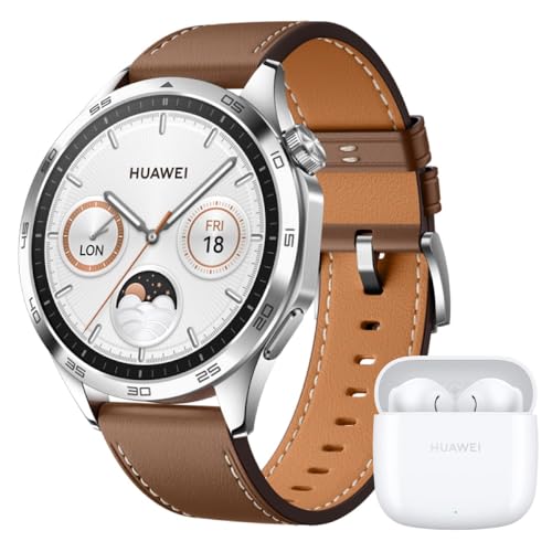 HUAWEI Watch GT 4 46 mm Smartwatch, hasta 2 semanas de batería, iOS & Android, gestión de calorías, Seguimiento de la Salud, SpO2, GPS, versión española, Marrón + HUAWEI FreeBuds SE 2 Blanco
