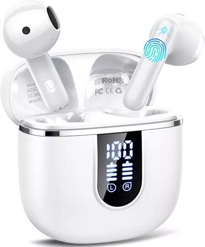 Auriculares Inalambricos Bluetooth, Auriculares Bluetooth 5.4 HiFi Estéreo con HD Mic, 40H Cascos Inalambricos con Reducción de Ruido ENC, Pantalla LED, IP7 Impermeablem Cascos, Ajuste Cómodo Blanco