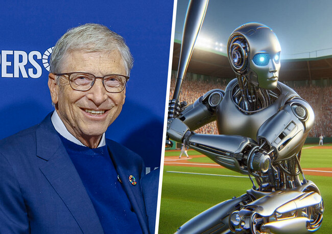 Composición con imagen de Bill Gates e ilustración de un robot jugando al béisbol