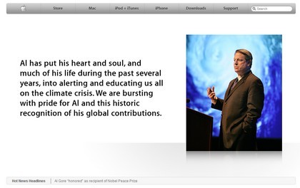 Apple.com cambia como reconocimiento al nuevo premio Nobel de la Paz, Al Gore