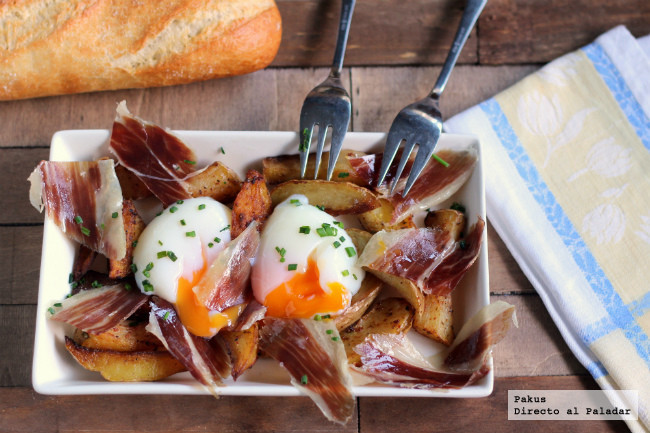Receta de huevos a baja temperatura con patatas y jamón