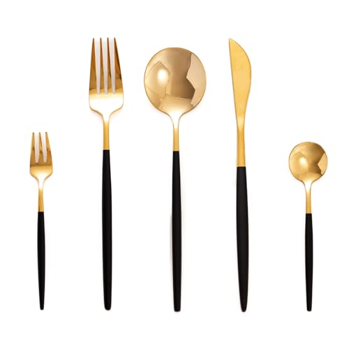 Juego de cubiertos negro y dorado 12 personas