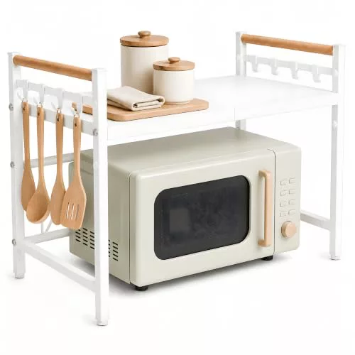 Kensari Soporte Microondas Extensible - Estanteria Microondas con Altura Ajustable y Asas de Madera - Mueble Coffee Corner Blanco con Estante - Organizador Encimera Cocina para Electrodomesticos