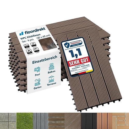 Floordirekt Baldosas de Patio WPC 60x30cm 1m² = 6 piezas para terrazas, balcones - suelo exterior con aspecto de madera, Clic 