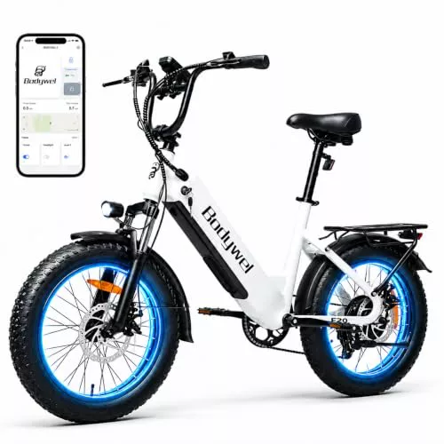 Bodywel F20 Bicicletas Eléctricas Adultos, 20x3” e-Bike Todo Terreno, Batería 48V 15Ah, Motor 250W, 7 Velocidades, Suspensión Ajustable, Frenos de Disco Doble（Blanco）