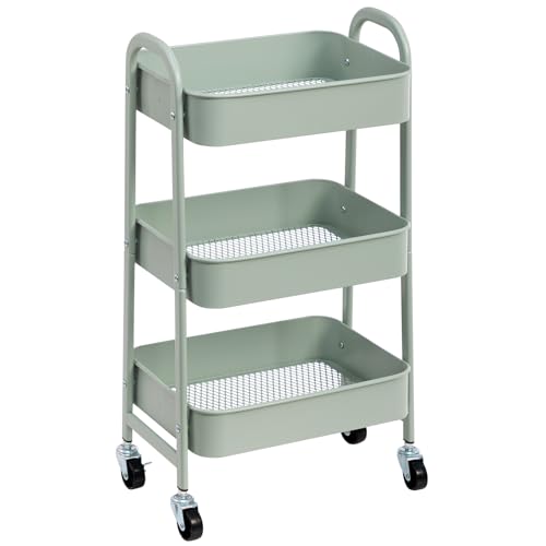 DOEWORKS Carro de Almacenamiento Carrito Auxiliar con Ruedas Carro Cocina Carro Servicio Carrito Metalico con Ruedas 3 Niveles Carro Rodante Carro Organizador para Dormitorio Baño Oficina, Cian