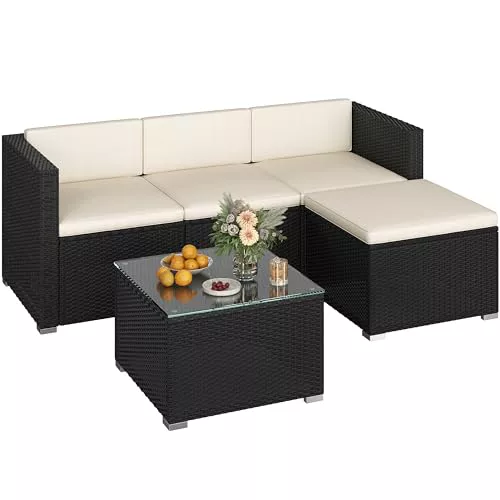 Yaheetech Conjunto de Muebles Ratán de Jardín 5 Piezas con Cojines, 3 Plazas Sofá 1 Taburete y 1 Mesa de Café de Cristal (Negro/Beige)