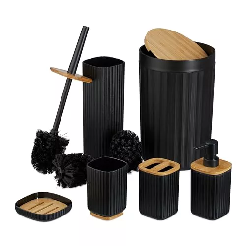 Relaxdays Set Accesorios Baño, Juego Completo Utensilios 6 Piezas, Conjunto WC, Plástico y Bambú, Negro y Natural