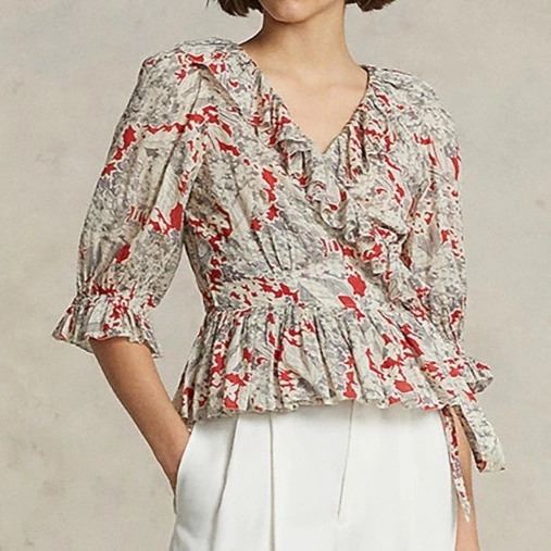 Polo Ralph Lauren Camisa de mujer de algodón cruzada con volantes