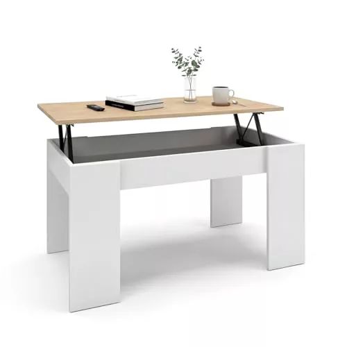 duehome | Mesa de Centro elevable, Mesita de Salón Comedor, Acabado en Blanco Artik y Roble Canadian, Modelo Norak, Medidas: 90 cm (Largo) x 50 cm (Ancho) x 33,8/45,3 cm (Alto)