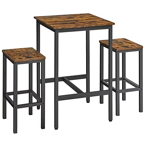 VASAGLE Mesa de Bar con Taburetes, Comedor con 2 Sillas, Cocina Pequeña, Taburetes de Barra, para Comedor, Cocina, Marrón Rústico y Negro Tinta LBT017B01