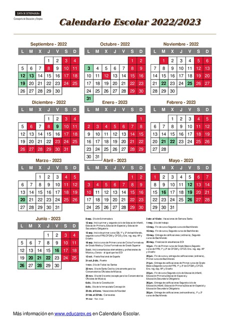Calendario Escolar Extremadura 2022-2023