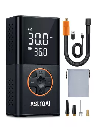 AstroAI Compresor Aire Portátil Inalámbrico, Inflador Ruedas Multiuso, Hinchador Ruedas con Batería Recargable y Luz LED, Apagado Automático para Coche Eléctricos, Bicicletas, Moto y Etc. (Naranja)