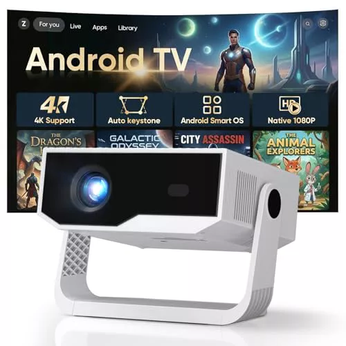 [Apps integradas & 2026 Upgraded] Proyector 4K Portátil,1080P Nativo, Android TV, WiFi6 Bluetooth 5.4, Enfoque y Corrección Trapezoidal Automáticos, Soporte Giratorio 270°, Ideal para Cine en casa