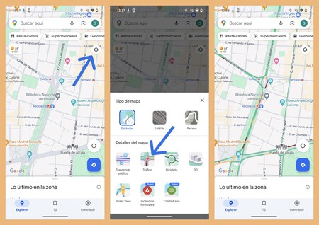 Capturas de pantalla mostrando los pasos a seguir para habilitar la capa tráfico