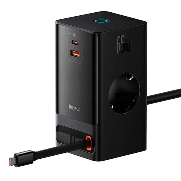 Cargador de pared - Baseus PowerCombo Tower 5 in 1, Universal, 65W, Negro