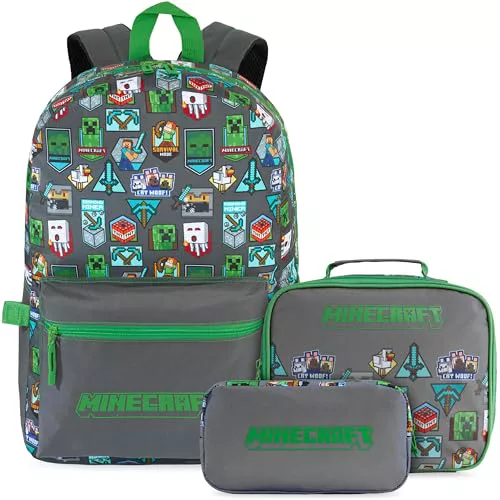 Get Trend Minecraft Mochila Niños, Set 3 Piezas, Estuche Escolar y Bolsa Almuerzo, Mochila Escolar Completa para Colegio y Ocio, Regalo Niños (Gris/Verde Minecraft)
