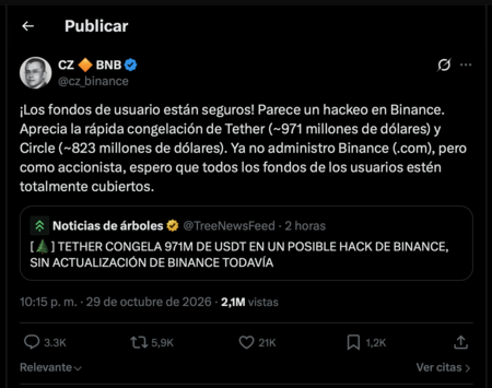 Changpeng Zhao, cofundador da Binance, se pronuncia sobre o possível ataque hacker à plataforma | Captura do X, traduzida automaticamente para o português pelo navegador
