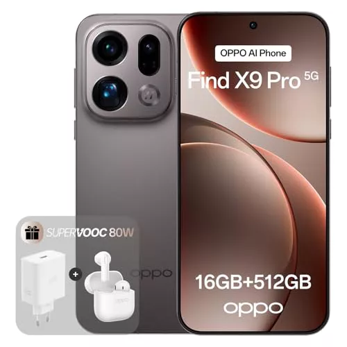 OPPO Find X9 Pro 5G 16+512GB, Smartphone liberado con IA, Pantalla ProXDR 6.78" 120Hz, Cámara Hasselblad de 200 MP, 4K Motion, 7500mAh, IP69, Titanium (Incluye Cargador SUPERVOOC 80W y Enco Buds3)