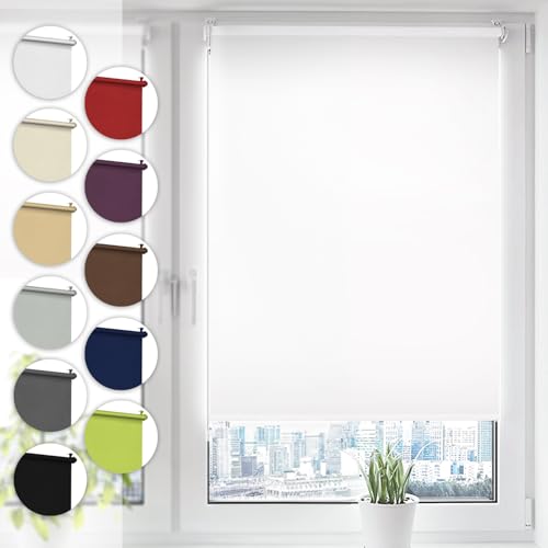 Sonello Estor Opaco sin perforación 35cm x 130cm Blanco, Persiana Enrollable Blackout para Puertas y Ventanas con Cadena, Persianas Enrollable para fijación sin taladrar con Clip, protección Visual