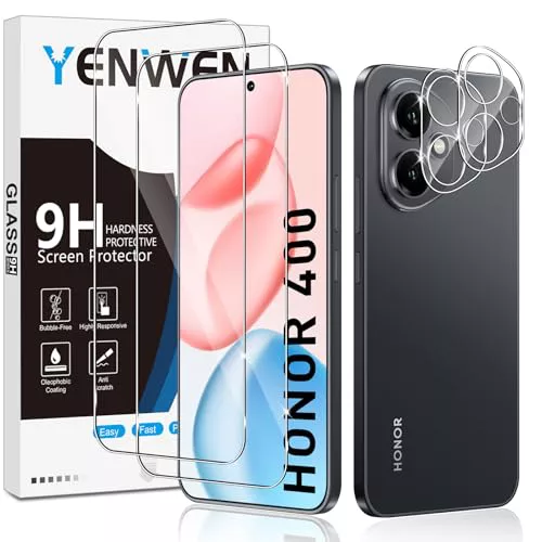 Yenwen Protector de Pantalla para Honor 400 5G, 2 Piezas Cristal Templado con 2 Piezas Protector de Lente de Cámara, 9H Dureza Ultra Resistente Vidrio Templado