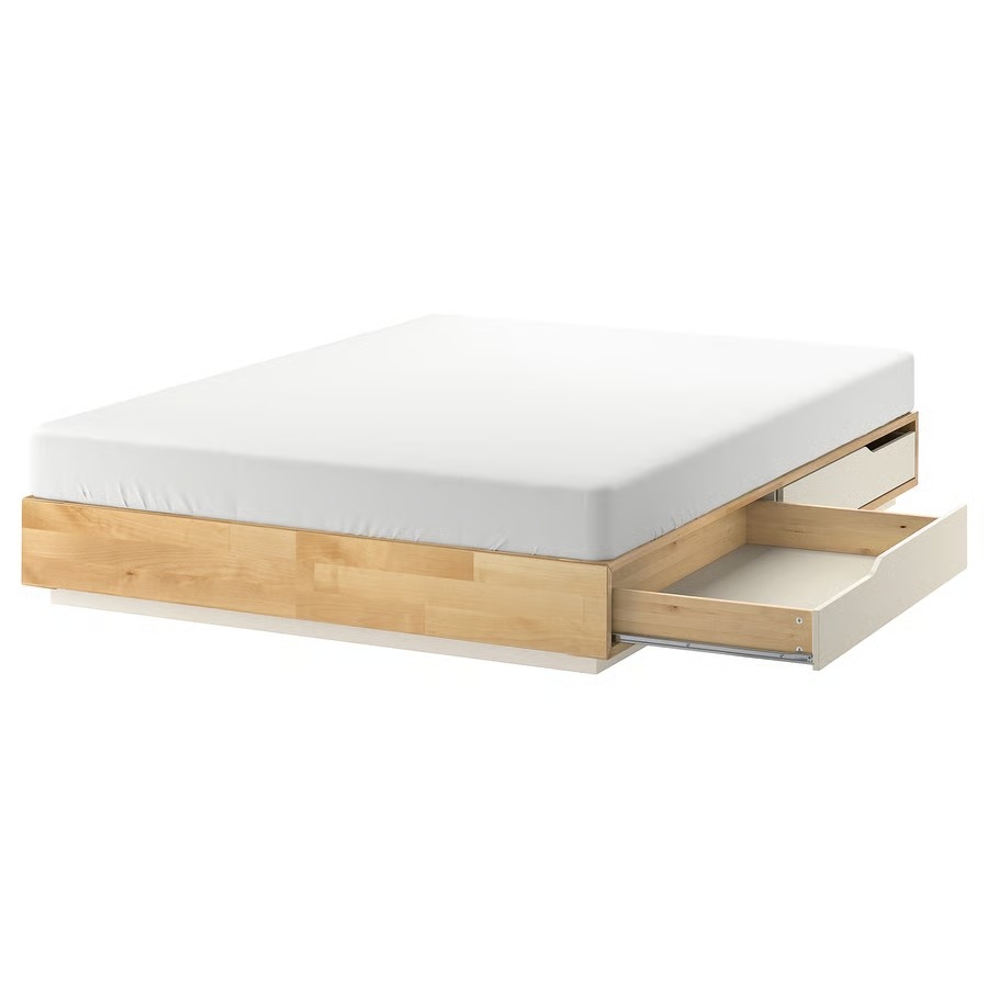 MANDAL: Estructura de cama con almacenaje, abedul/blanco,