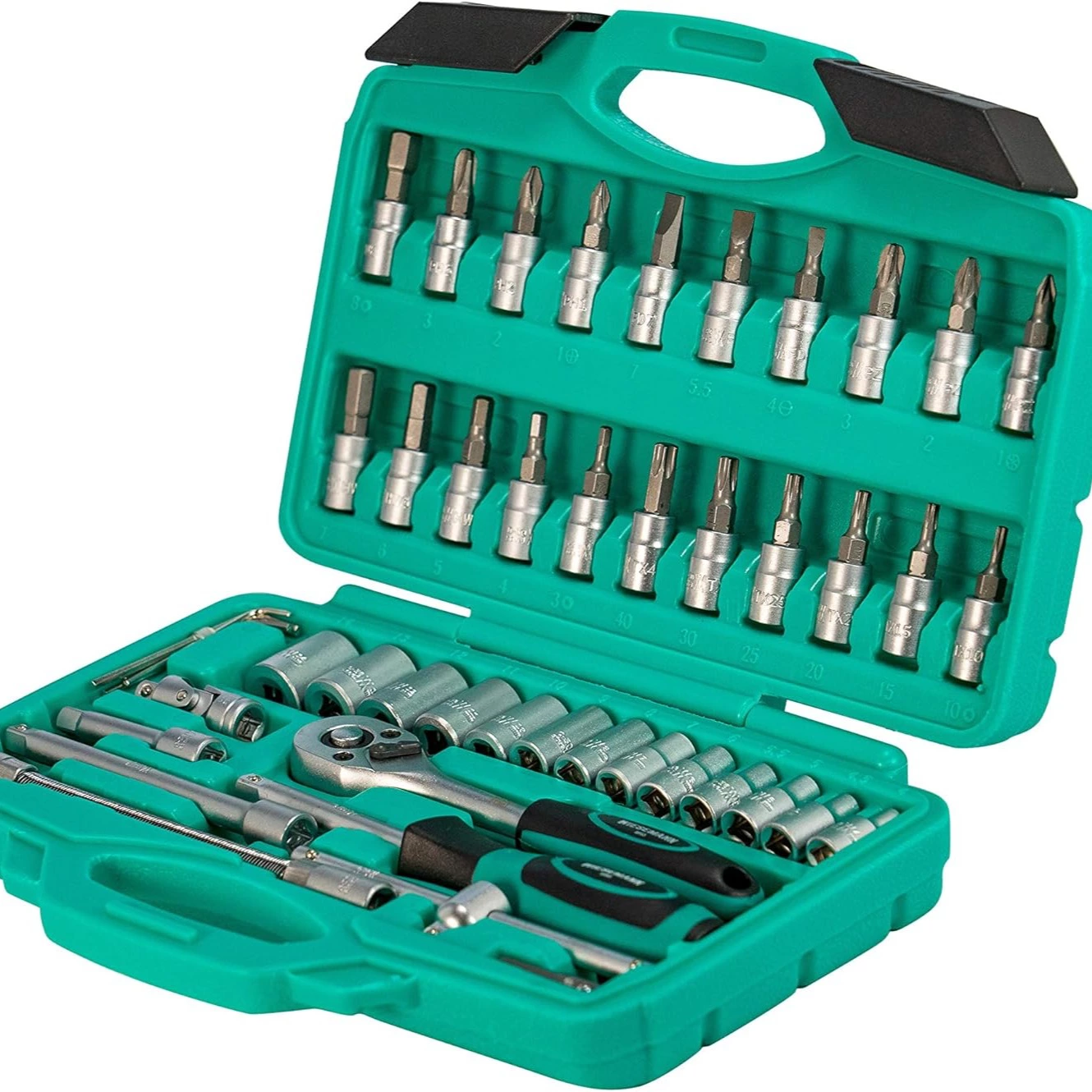 WIESEMANN 1893 Juego de 46 vasos para llave de carraca 1/4" de acero Q30 Maletín de herramientas con vasos de carraca, adaptador, portapuntas | Puntas PH y PZ | 80089
