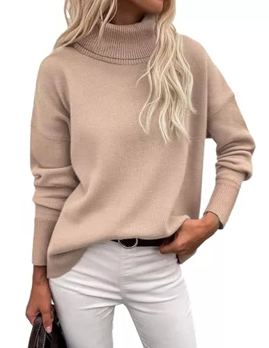 Zeagoo Jersey de Cuello Alto para Mujer Suéter Invierno Otoño Cálido Pullover Largo Elegante Casual Punto Sweater Larga Clásico Sólido Jumper Caqui L