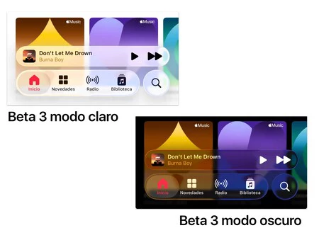 App Música en iOS 26 beta 3 con modo claro y modo oscuro