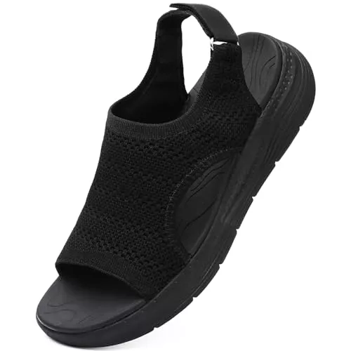 DimaiGlobal Sandalias Mujer Ortopédicas Deportivas Verano Fascitis Plantar Soporte Arco y Correa Ajustable Cuña Punta Abierta Elástica Lavables en Lavadora Caminar Casual Exterior 39EU Negro