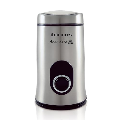 Taurus Aromatic - Molinillo de café 150W. Depósito de café de 50 g. Pulsador de puesta en marcha. Cuchillas y recipiente de acero inoxidable. Recogecables. Molido fino. Gris