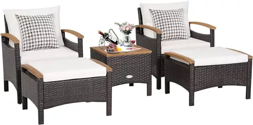 GIANTEX Juego de Muebles de Jardín de Ratán 5 Piezas, 2 Sillones, 2 Otomanas y 1 Mesa de Café, Conjunto de Muebles con Cojines para 2/4 Personas, Conjunto de Conversación para Patio, Balcón (Blanco)