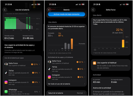 Hacerle seis horas de pantalla activa al iPhone Air era lo último que me esperaba. Los dos momentos de carga por la tarde son por haber conectado el móvil al coche para usar CarPlay. Los trayectos apenas duraron cinco minutos | Imagen: Xataka