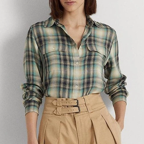 Lauren Ralph Lauren Camisa de mujer de sarga de cuadros extragrande