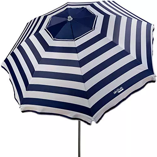 Aktive 62225 - Sombrilla de playa, 220 cm, sombrilla resistente al viento, techo de ventilación, mástil 28-32 mm, protección UV 50, Diseño a rayas marineras, Incluye bolsa de almacenamiento