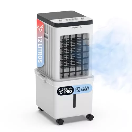 SYMPHONY Ventus12— Climatizador Evaporativo Portátil 12L, Silencioso 30 dB para Dormitorio y Oficina, Solo 65W (-90% vs Aire Acondicionado), Llenado Continuo, Ruedas, 900 m³/h