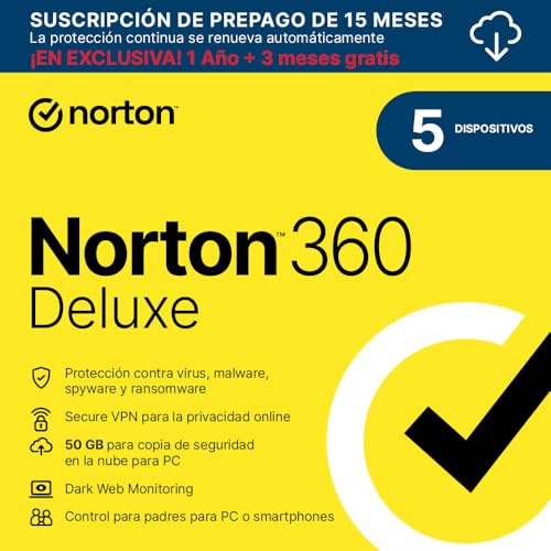 Norton 360 Deluxe 2025 |Antivirus 5 Dispositivos|15 meses con renovación automática| Descarga digital