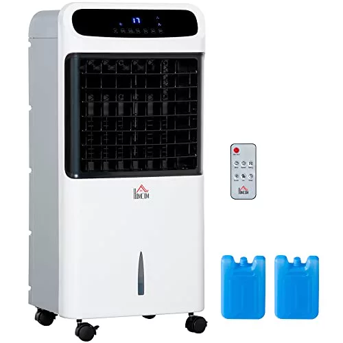 HOMCOM Climatizador Evaporativo Bajo Consumo 4 en 1 Depósito 12L Humidificador Climatizador Iones Negativos Control Remoto 3 Modos 3 Velocidades Temporizador 12 h Pantalla LED Táctil 38x35x81cm Blanco