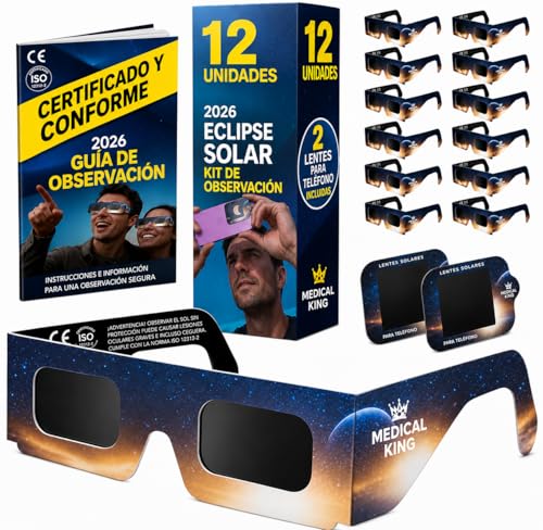 12 Gafas Eclipse Solar Homologadas ISO 12312-2 - Paquete de 6 Con 2 Lentes Fotográficos Para Smartphone Aprobados según la norma ISO, con certificación CE: Gafas para ver eclipses solar 2026