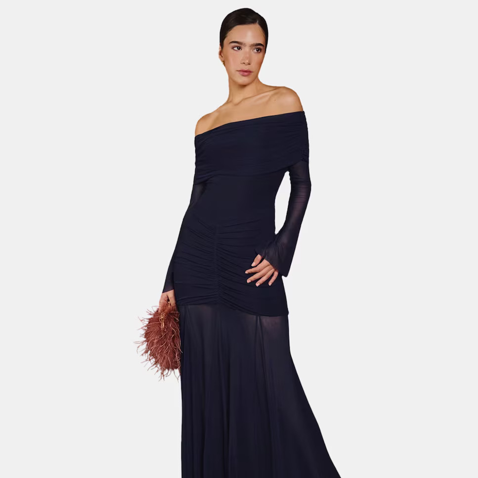 MIPHAI - Vestido largo con escote drapeado y transparencias.