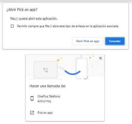 Windows 上の Chrome で電話番号をクリックすると現在表示される内容 (上) と、通話の送信機能で以前に表示される内容 (下)