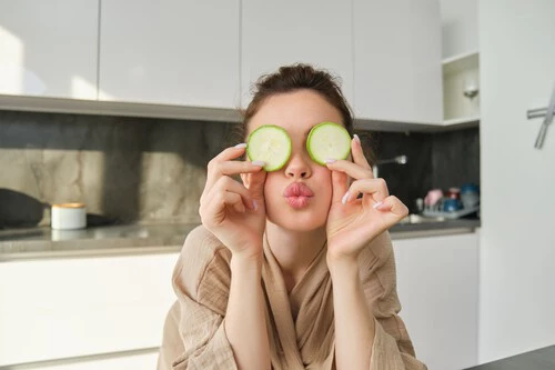 Funny Happy Girl Eating Healthy Holding Zucchini Chopping Vegetables Healthy Meal Kitchen 1
