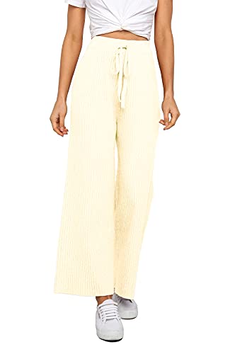 Waitfairy Pantalones de punto acanalado sólido para mujer, pantalones de pierna ancha, cintura elástica, holgados, color beige, S/M
