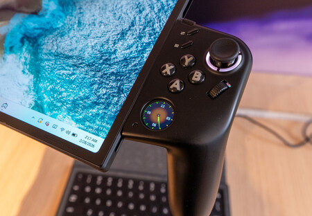 The right controller has a small screen