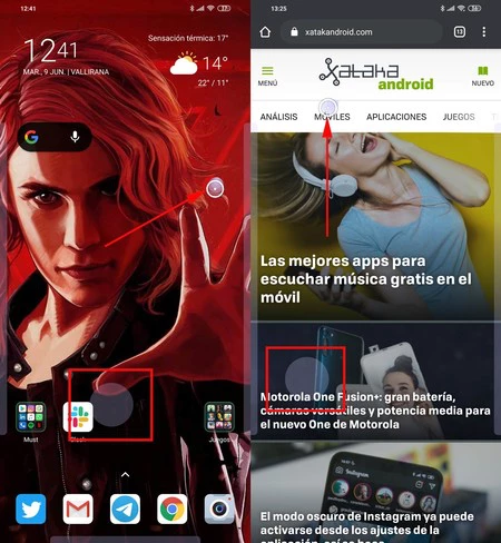 下のタッチサークルをドラッグすると上のカーソルが移動します