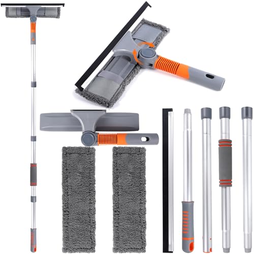 GUHAOOL 2 en 1 Limpiador de Ventanas, Limpiacristales 2 en 1 Profesional con Mango Telescópico 162cm, 2 Paños de Microfibra, Cabezal Giratorio de 180 ​​°, para Automóviles y Ventanas Exteriores Altas