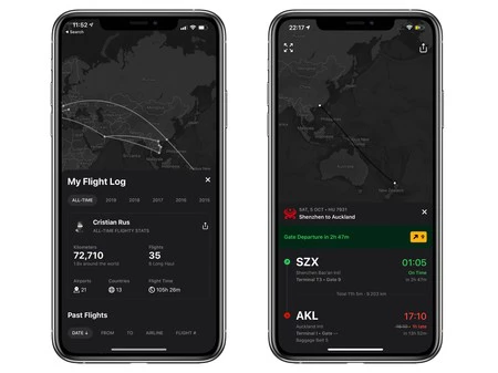 iOS 版 Flighty のダークモード。