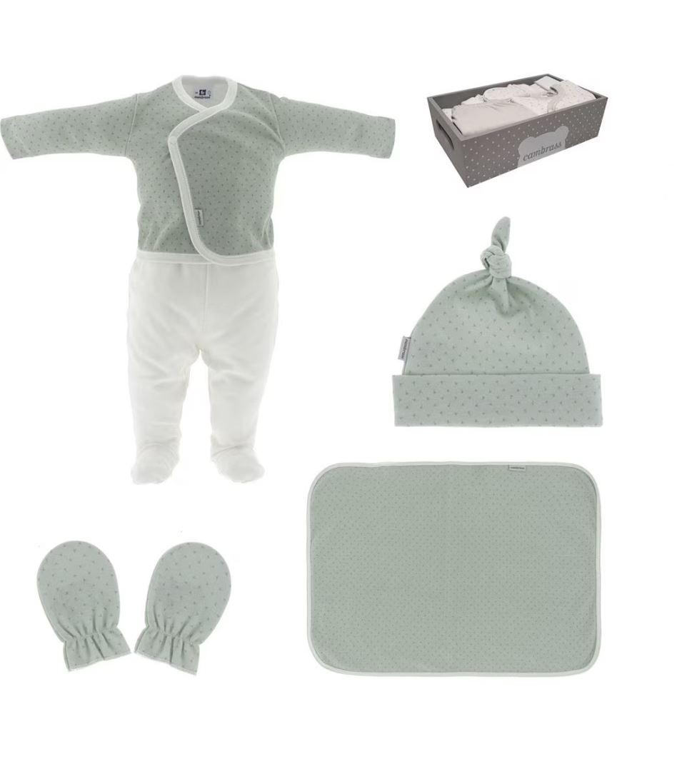 Conjunto de bebé de 5 piezas primera puesta con estampado diente de león en color verde