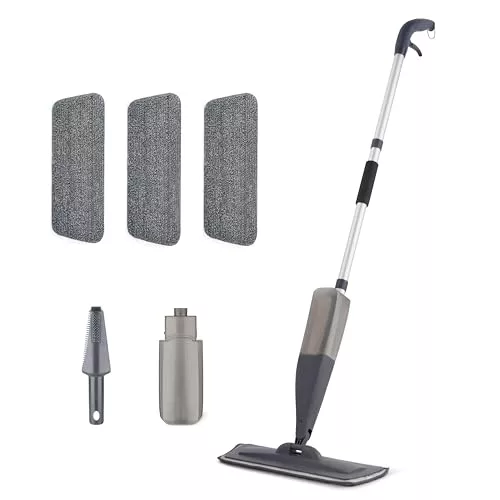 Amazon Basics Mopa con Pulverizador para Limpiar Suelos en Seco y en Húmedo con 3 Almohadillas Lavables y Raspador